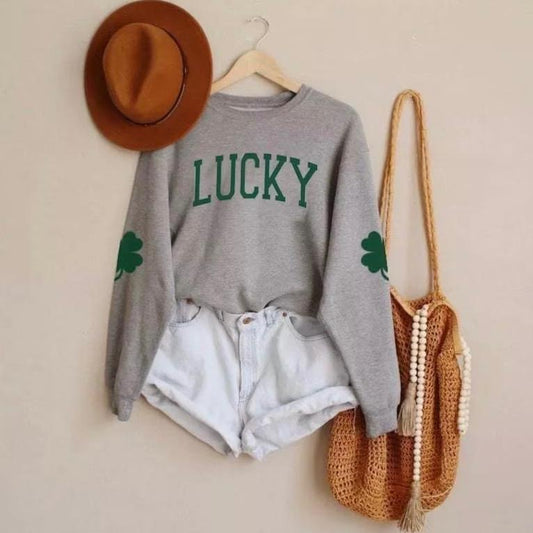 Lucky with Shamrock Elbow Sleeves Printed Comfort Colors T-Shirt or Sweatshirt, St. Patrick’S Day for Leaf Clover