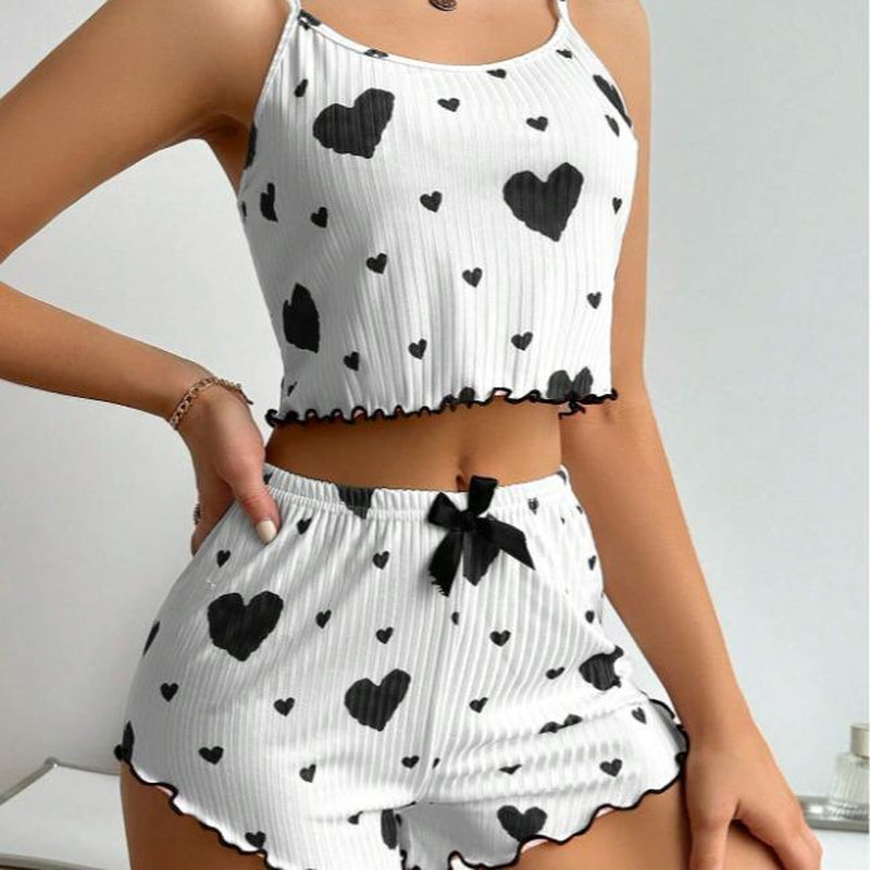 Heart Printed Camisole and Shorts Pajama Set for Women - Loungewear and Nightwear