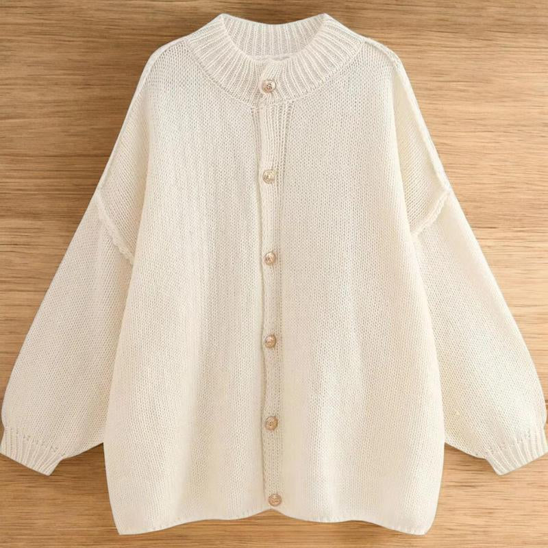 Cozy Oversized Knitted Cardigan with Button-Up Design Casual Lightweight Sweater for Women O-Neck Metal Button Cardigan