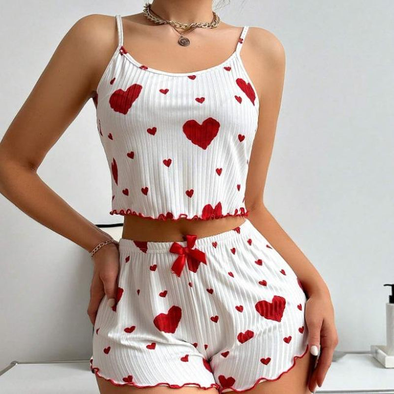 Heart Printed Camisole and Shorts Pajama Set for Women - Loungewear and Nightwear