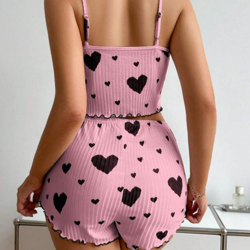 Heart Printed Camisole and Shorts Pajama Set for Women - Loungewear and Nightwear