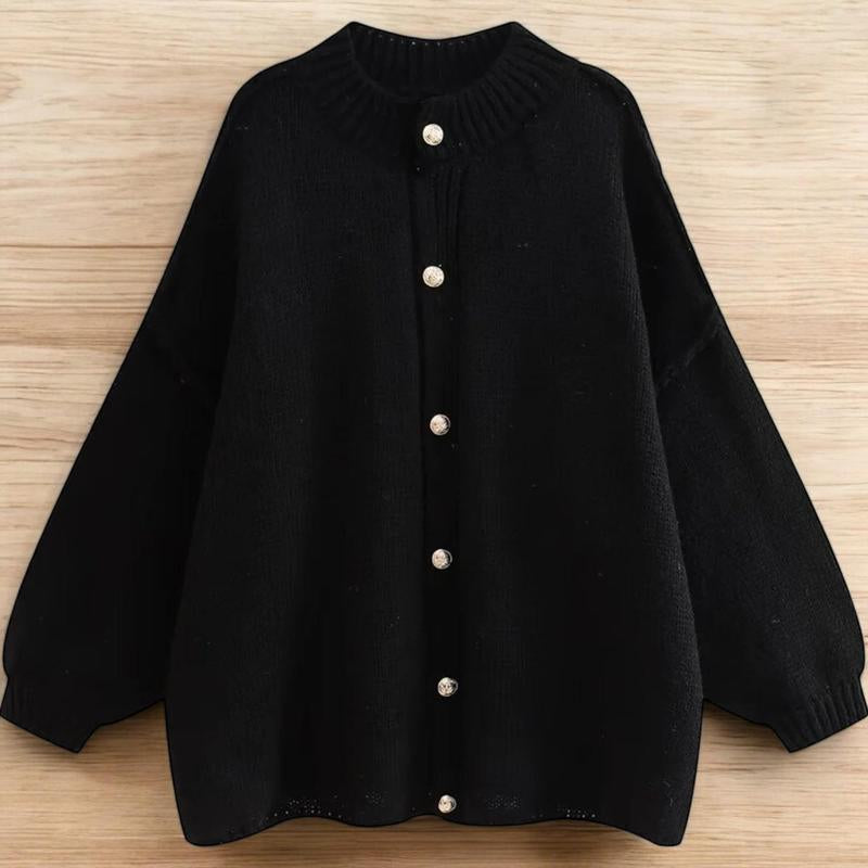 Cozy Oversized Knitted Cardigan with Button-Up Design Casual Lightweight Sweater for Women O-Neck Metal Button Cardigan