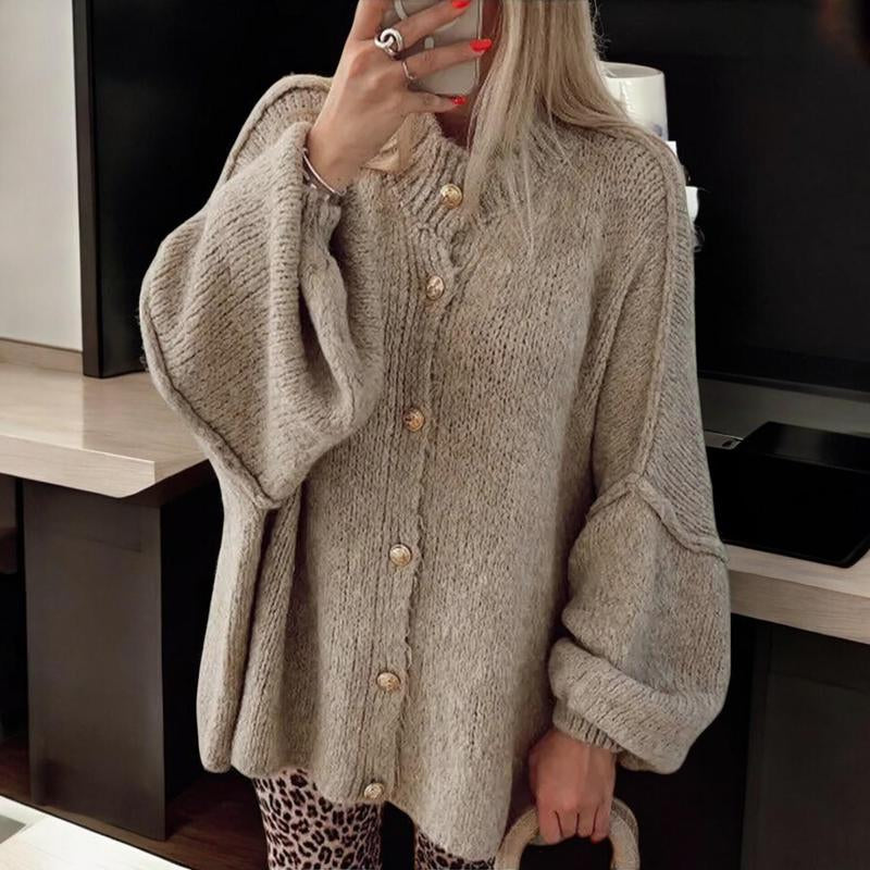 Cozy Oversized Knitted Cardigan with Button-Up Design Casual Lightweight Sweater for Women O-Neck Metal Button Cardigan