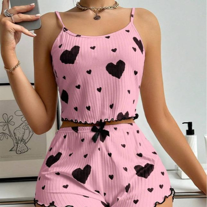 Heart Printed Camisole and Shorts Pajama Set for Women - Loungewear and Nightwear