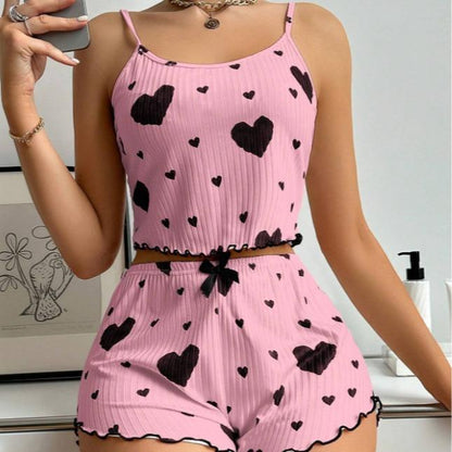 Heart Printed Camisole and Shorts Pajama Set for Women - Loungewear and Nightwear